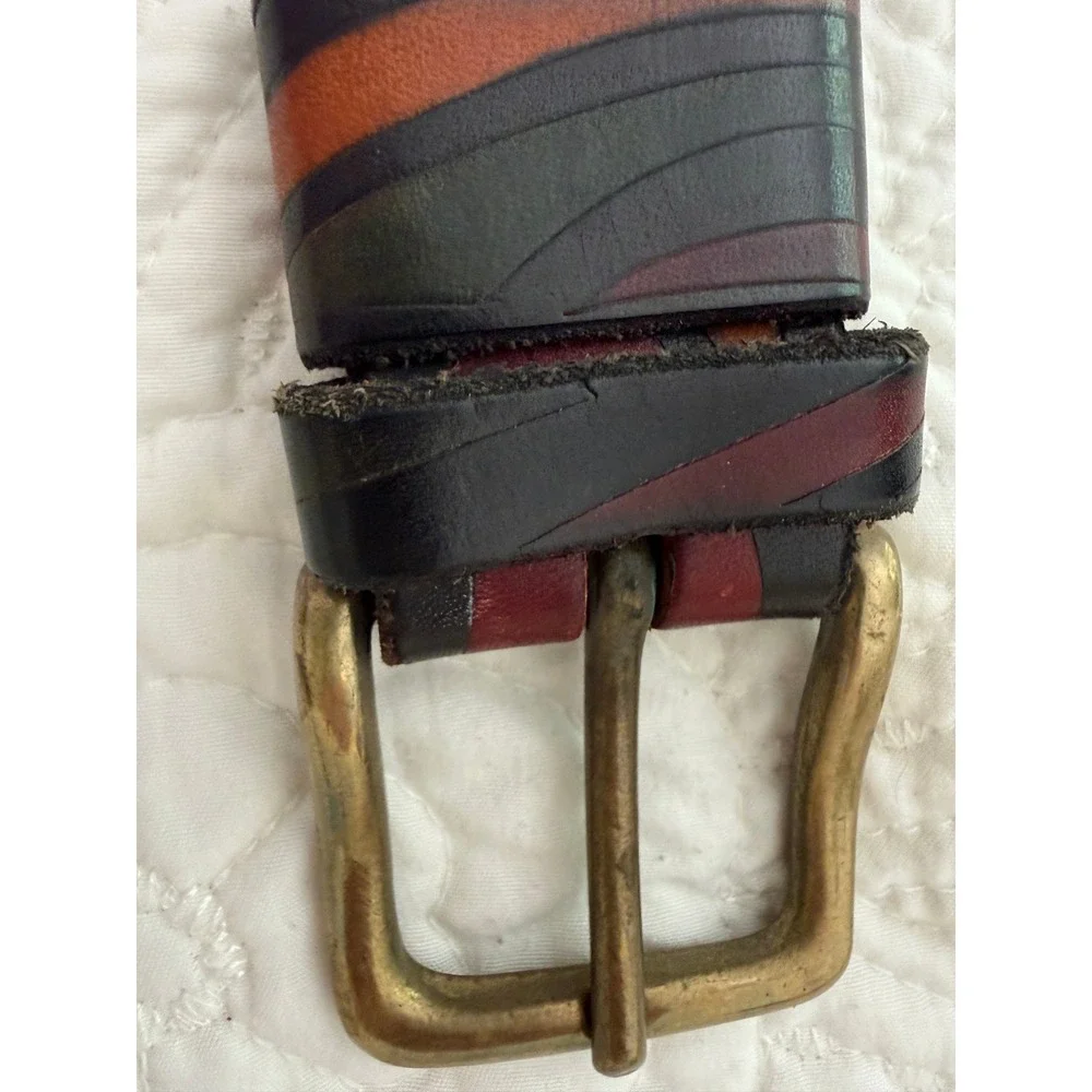 David Bristow Leather Belt Mens 40 Multi Color Wave Brass Buckle Boho Artisan